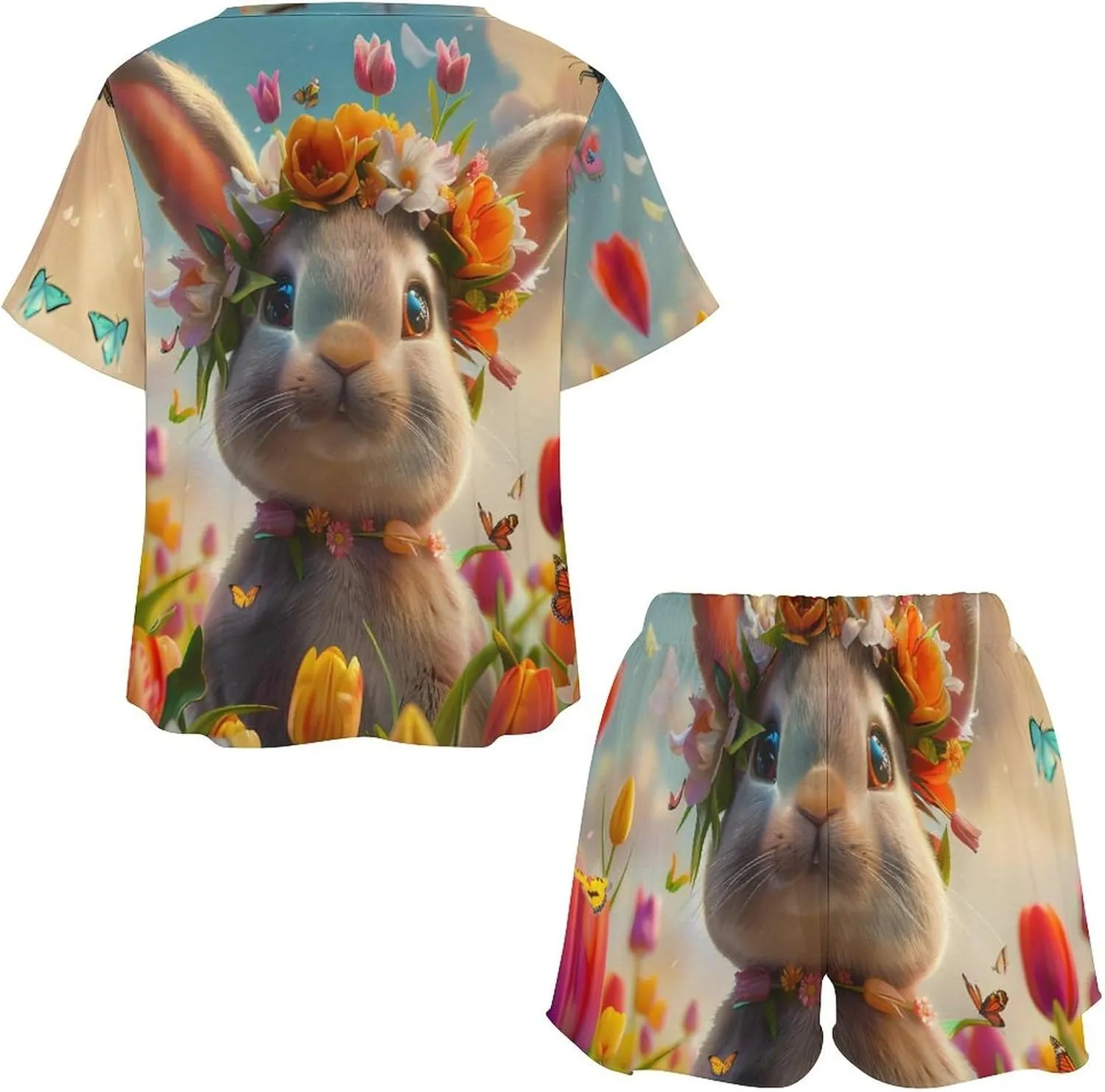 Cute Rabbit Eggs Floral Women's Pajama Sets Short Sleeve Shirt And Shorts Cozy Sleepwear Loungewear Pjs