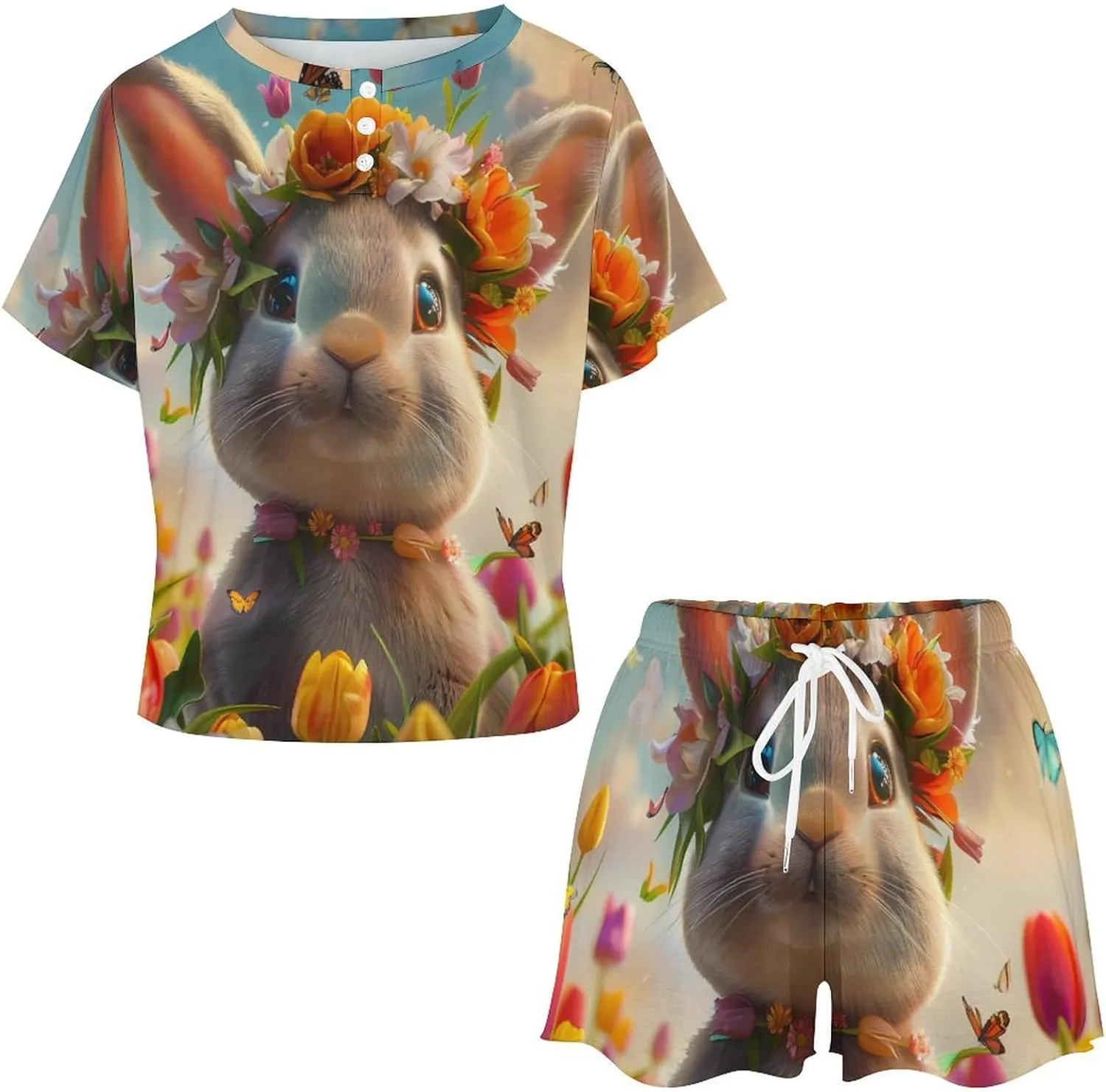 Cute Rabbit Eggs Floral Women's Pajama Sets Short Sleeve Shirt And Shorts Cozy Sleepwear Loungewear Pjs