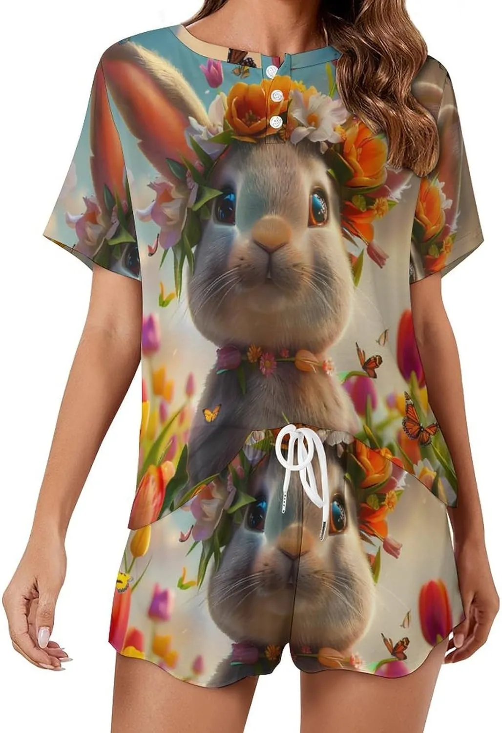 Cute Rabbit Eggs Floral Women's Pajama Sets Short Sleeve Shirt And Shorts Cozy Sleepwear Loungewear Pjs
