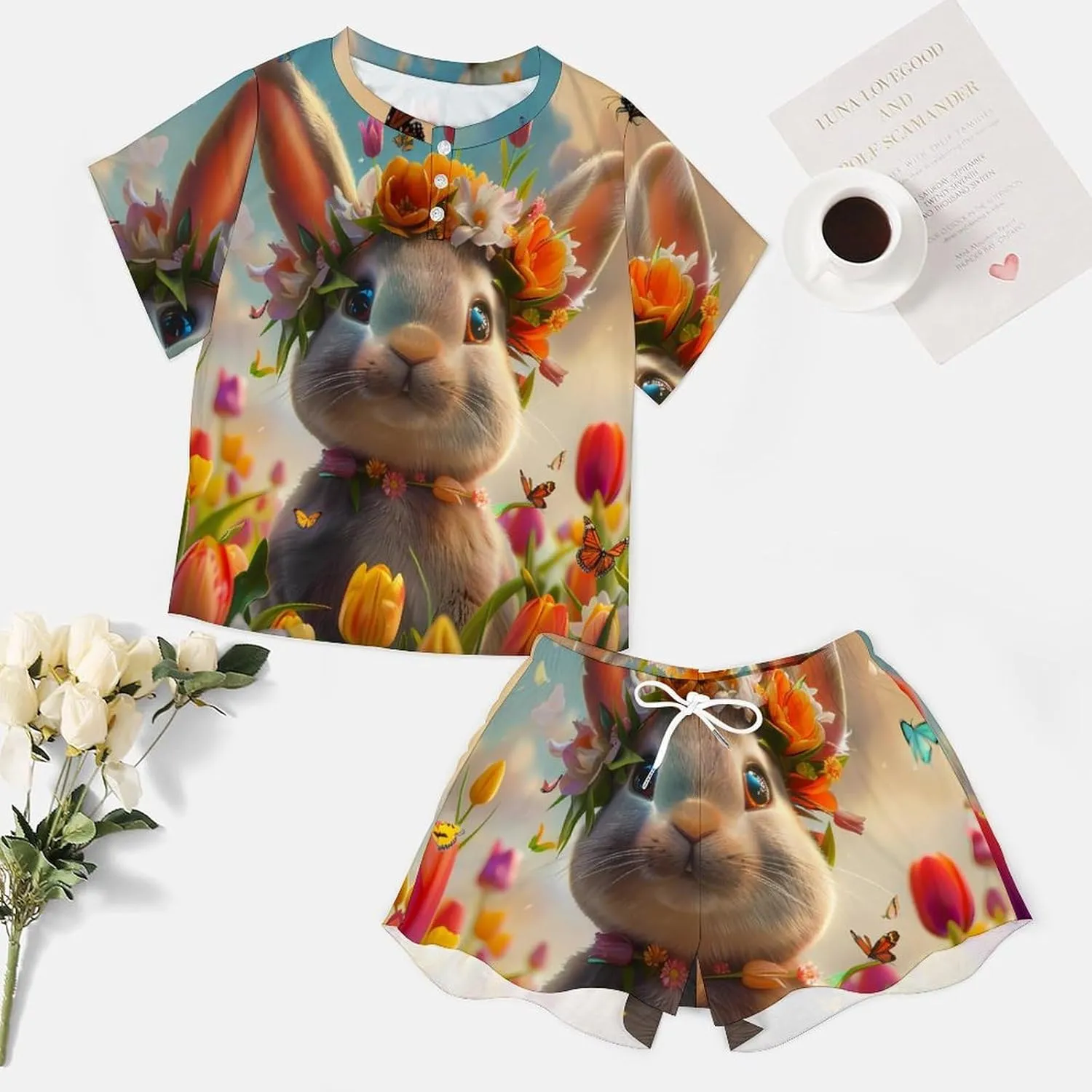 Cute Rabbit Eggs Floral Women's Pajama Sets Short Sleeve Shirt And Shorts Cozy Sleepwear Loungewear Pjs