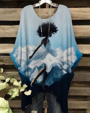 Elegant Afro Girl in The Sea Print Irregular Shirt