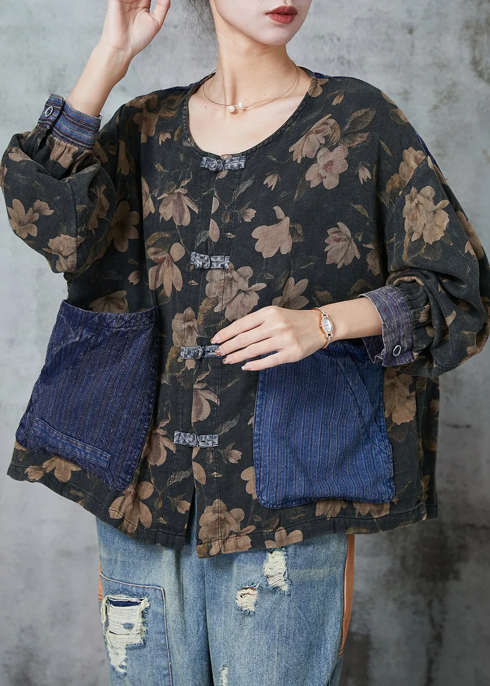 Elegant Black Print Patchwork Pockets Linen Blouses Spring