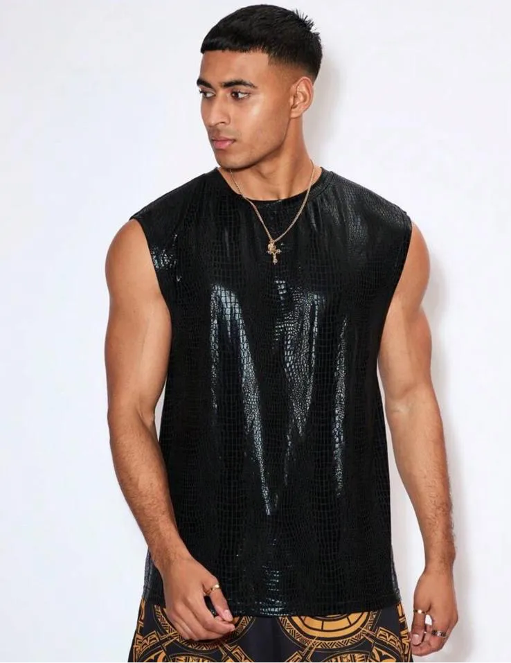 Festival Black Sleeveless Shiny Disco Tshirt