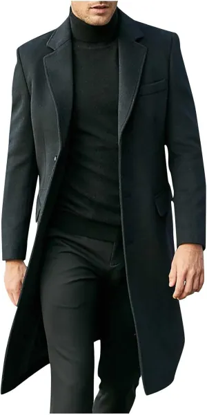 Firzero Men's Single Breasted Trench Coat, Winter Wool Coat Oversized Warm Lapel Work Business Long Jacket