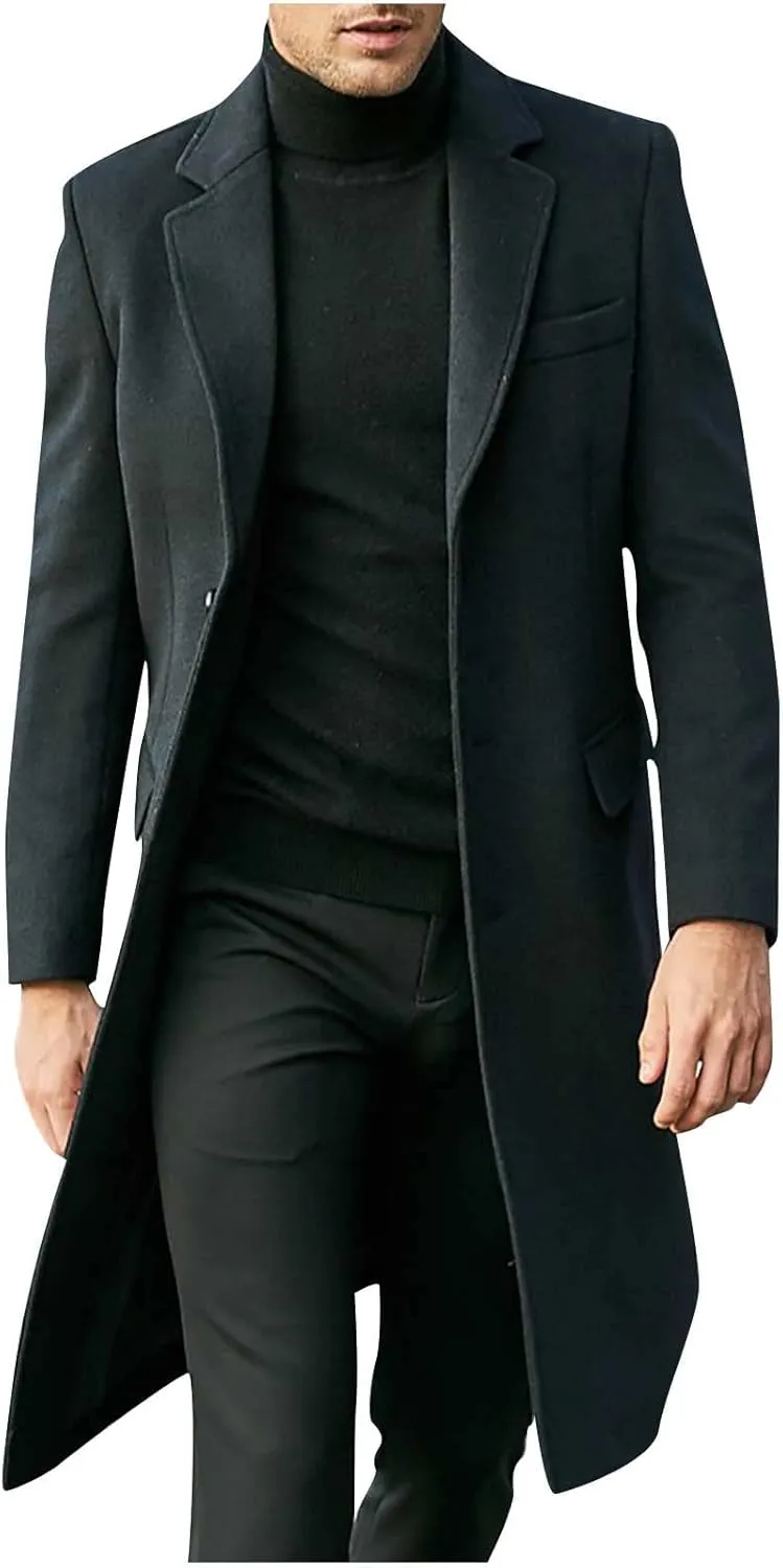 Firzero Men's Single Breasted Trench Coat, Winter Wool Coat Oversized Warm Lapel Work Business Long Jacket