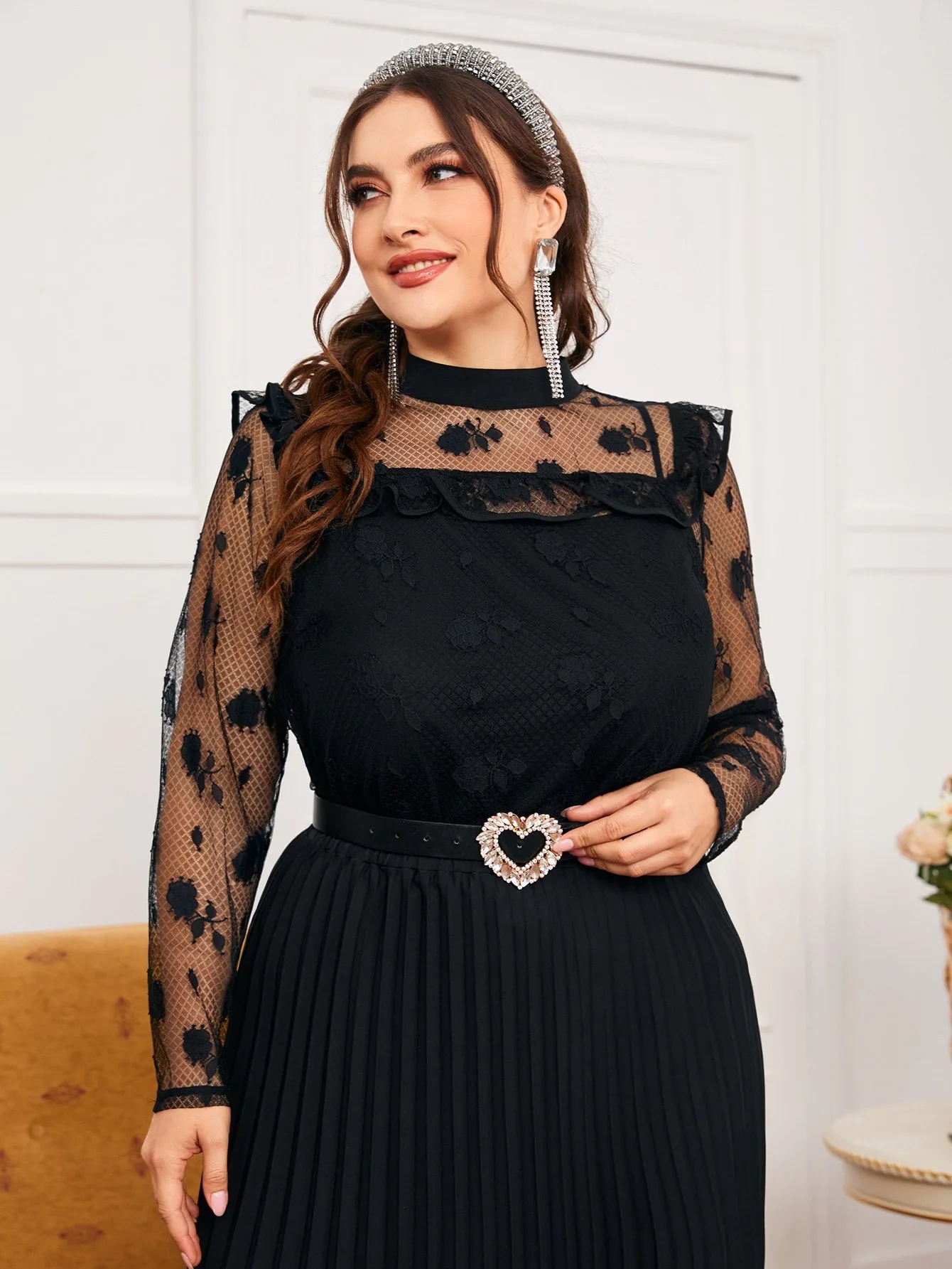 Floral Ruffle Long Sleeve Stand Collar Regular Plus Size Blouse