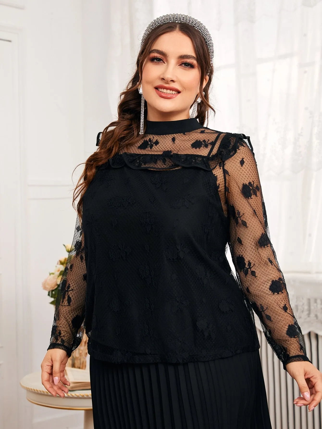 Floral Ruffle Long Sleeve Stand Collar Regular Plus Size Blouse