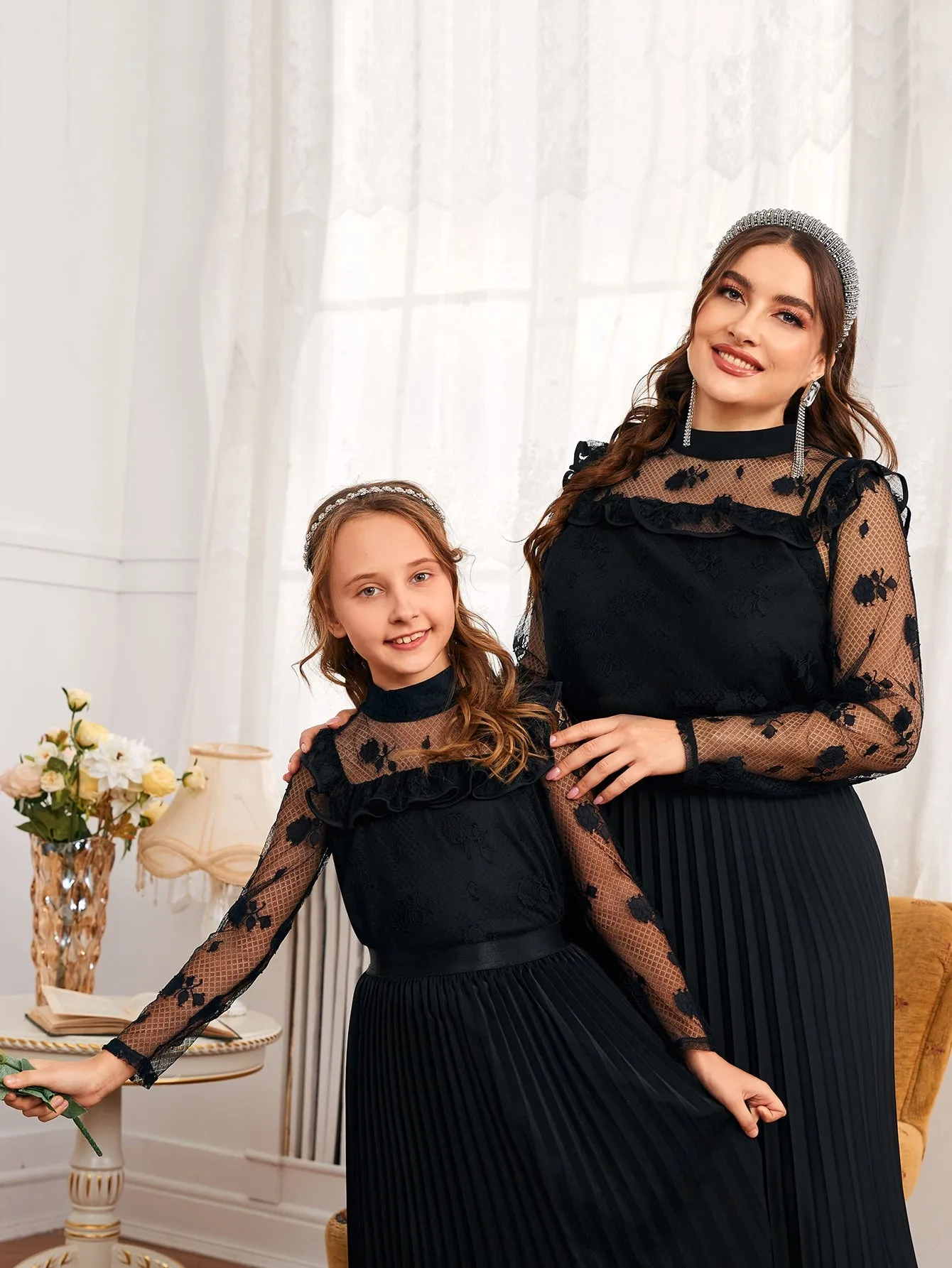 Floral Ruffle Long Sleeve Stand Collar Regular Plus Size Blouse