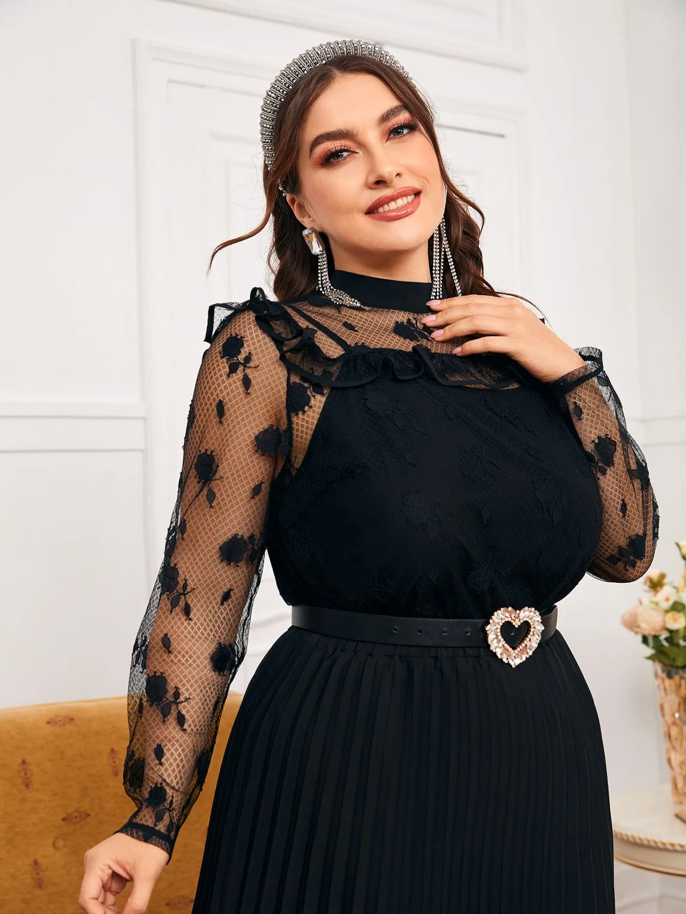 Floral Ruffle Long Sleeve Stand Collar Regular Plus Size Blouse