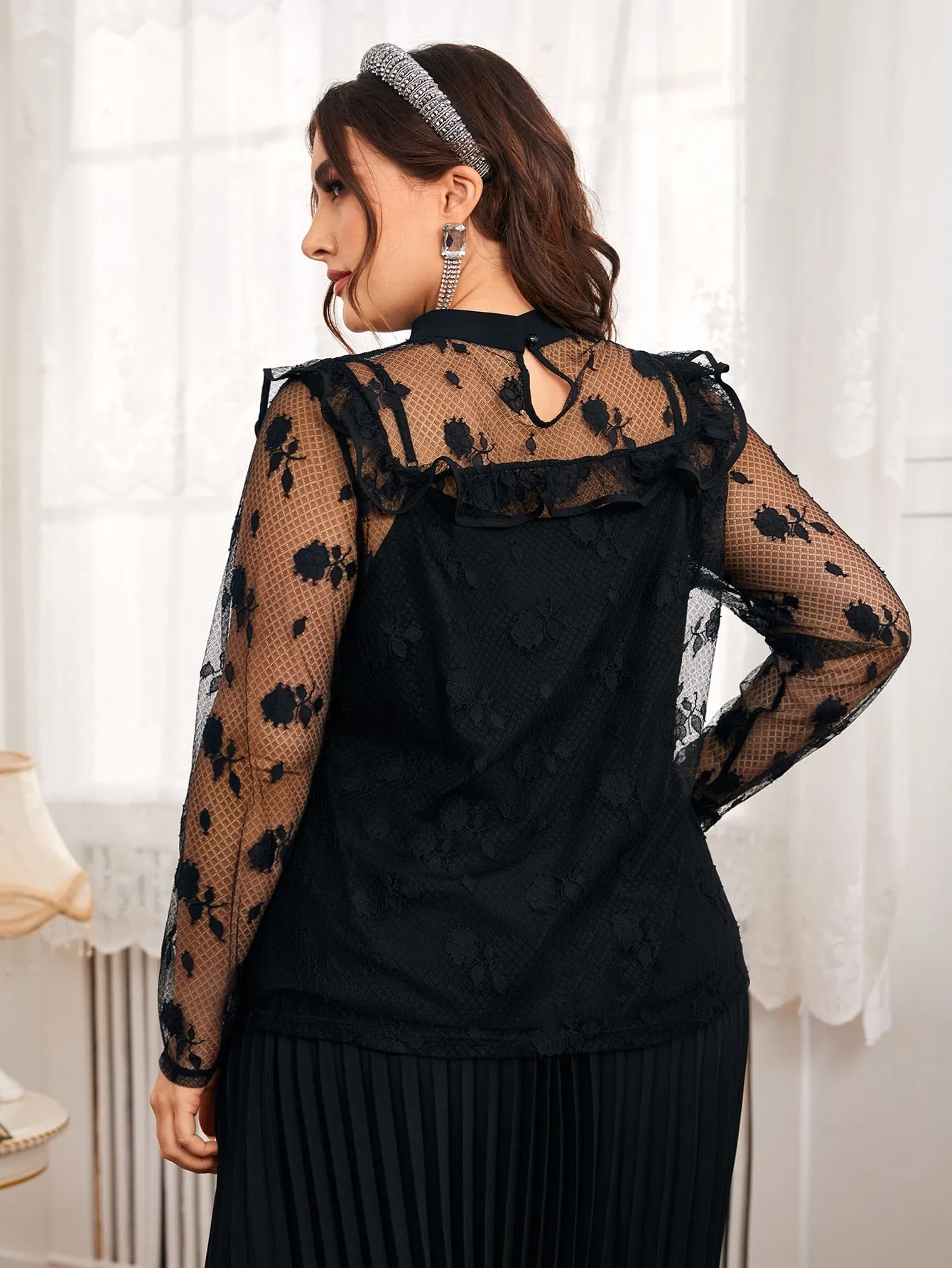 Floral Ruffle Long Sleeve Stand Collar Regular Plus Size Blouse