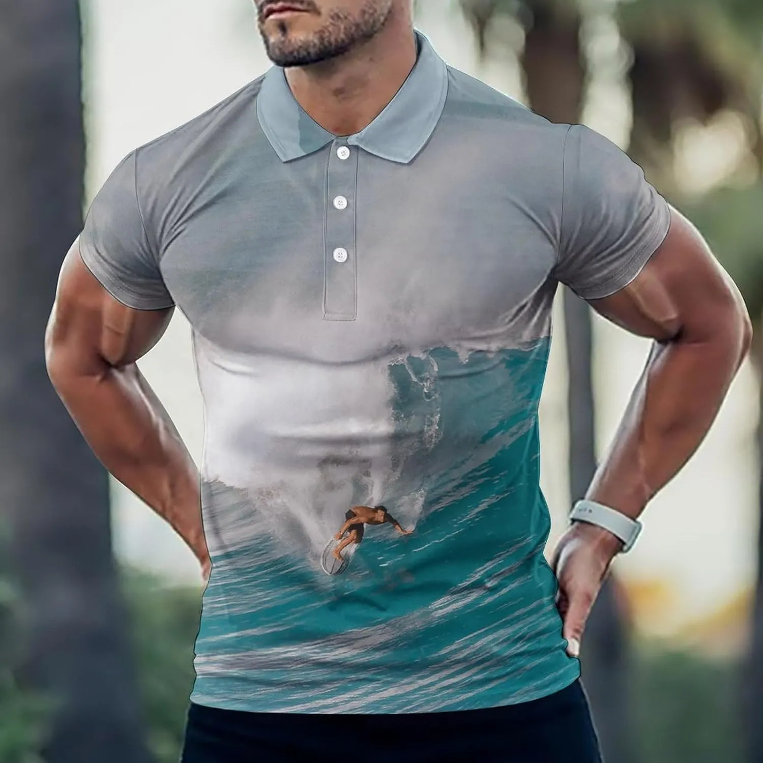 Hawaii Ocean Surfing Mens Polo Shirts Quick Dry Short Sleeve T-shirts Slim Tennis Collared Tees Tops