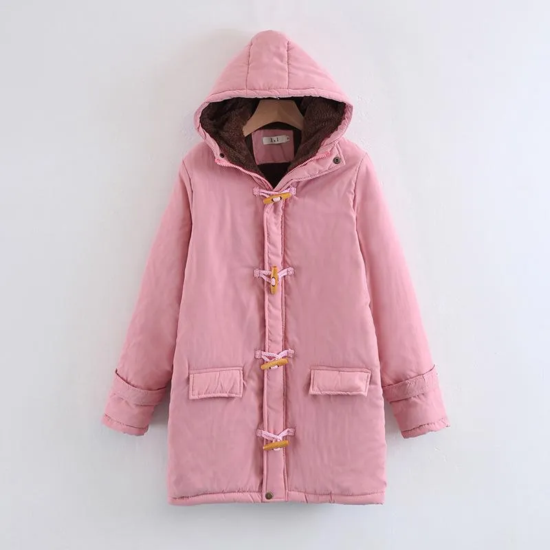 Horn Button Pockets Women Warm Oversized Hooded Coat