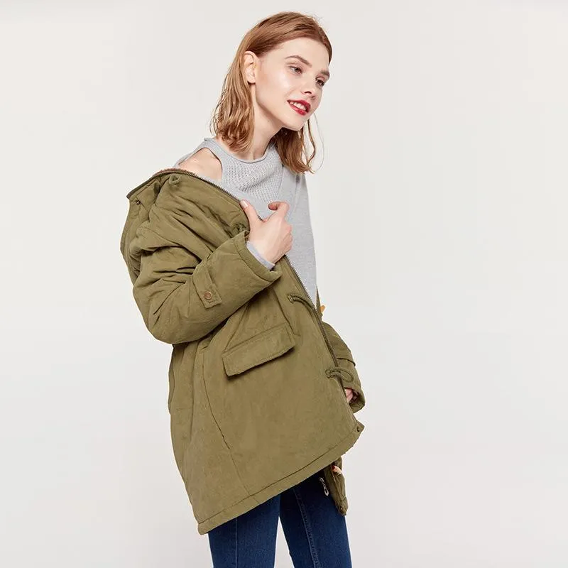Horn Button Pockets Women Warm Oversized Hooded Coat