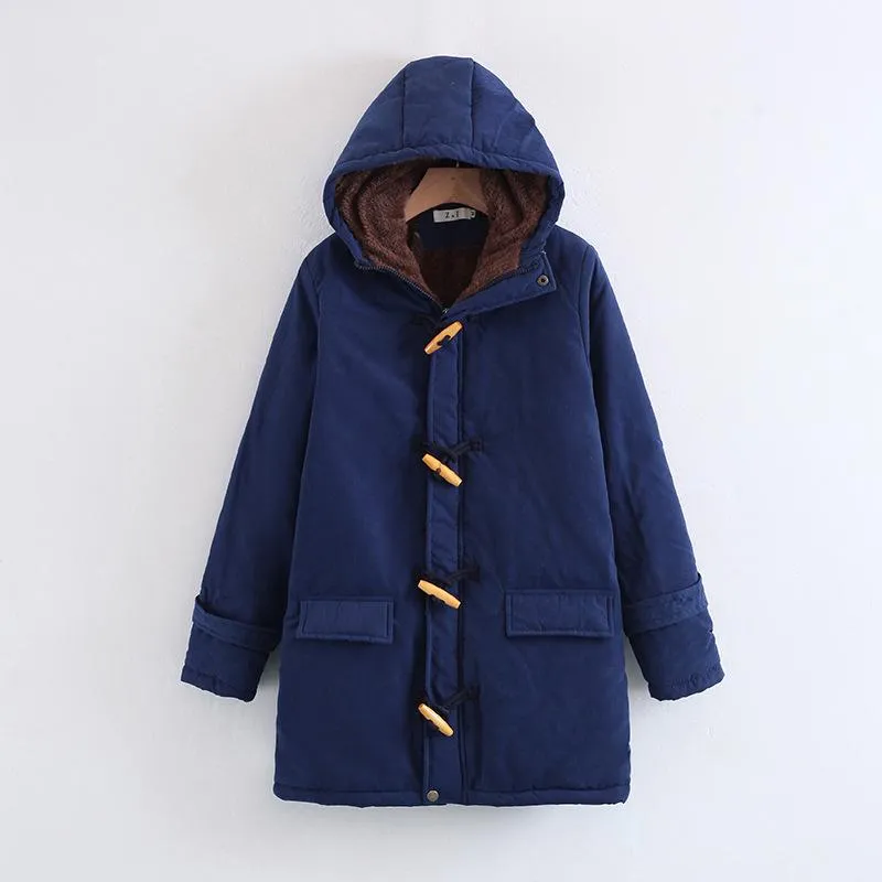 Horn Button Pockets Women Warm Oversized Hooded Coat