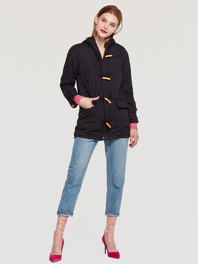 Horn Button Pockets Women Warm Oversized Hooded Coat