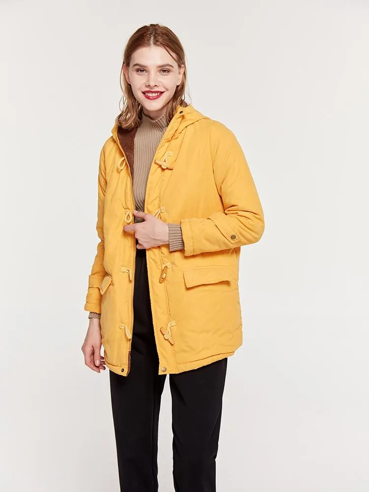 Horn Button Pockets Women Warm Oversized Hooded Coat