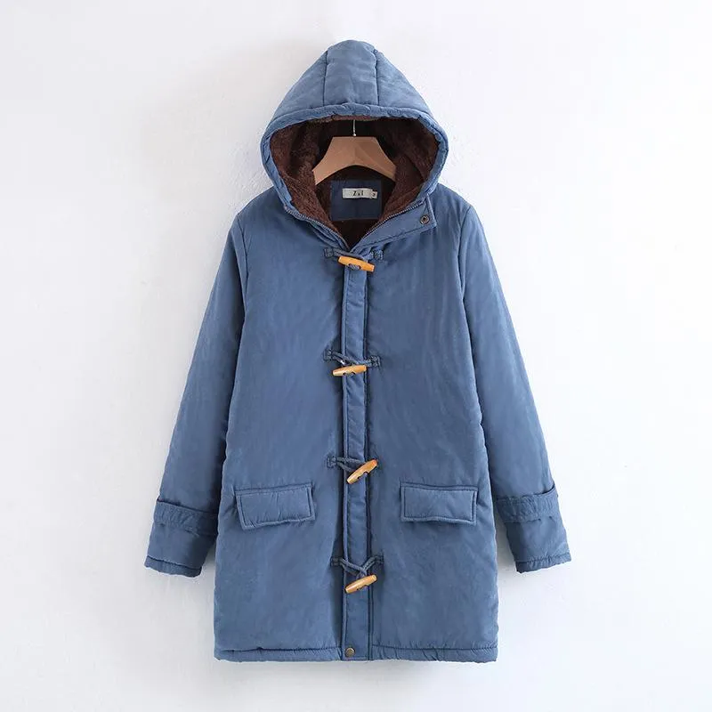 Horn Button Pockets Women Warm Oversized Hooded Coat