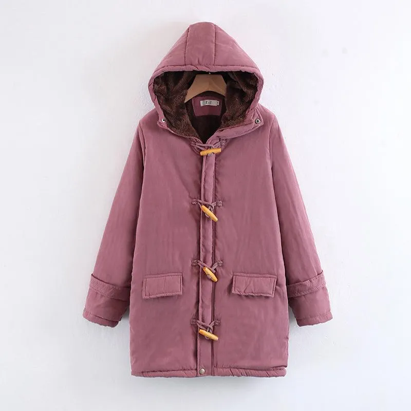 Horn Button Pockets Women Warm Oversized Hooded Coat