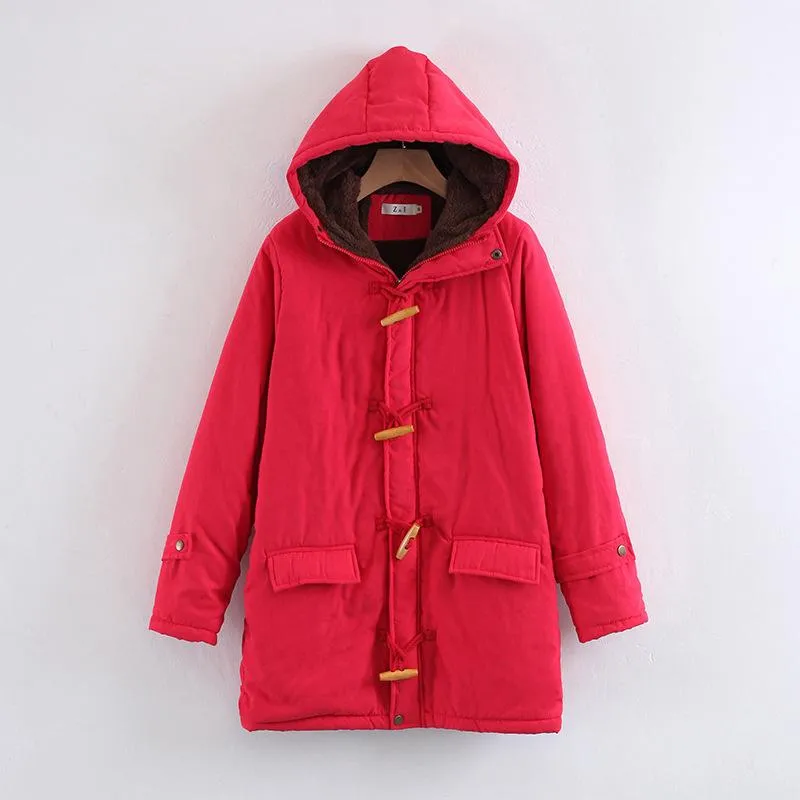 Horn Button Pockets Women Warm Oversized Hooded Coat