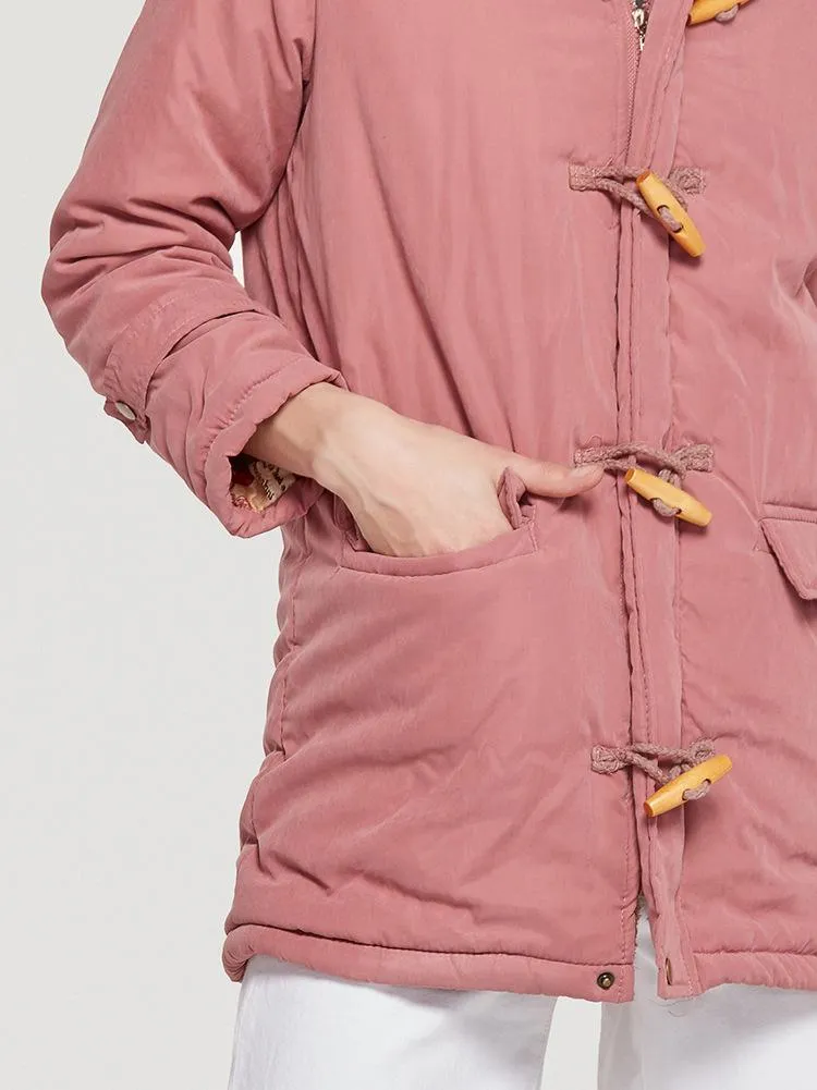 Horn Button Pockets Women Warm Oversized Hooded Coat