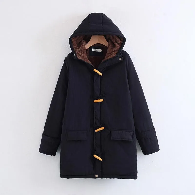 Horn Button Pockets Women Warm Oversized Hooded Coat