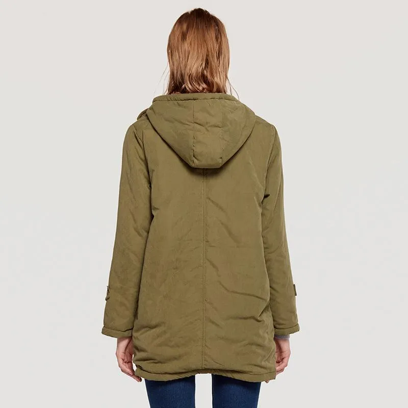 Horn Button Pockets Women Warm Oversized Hooded Coat