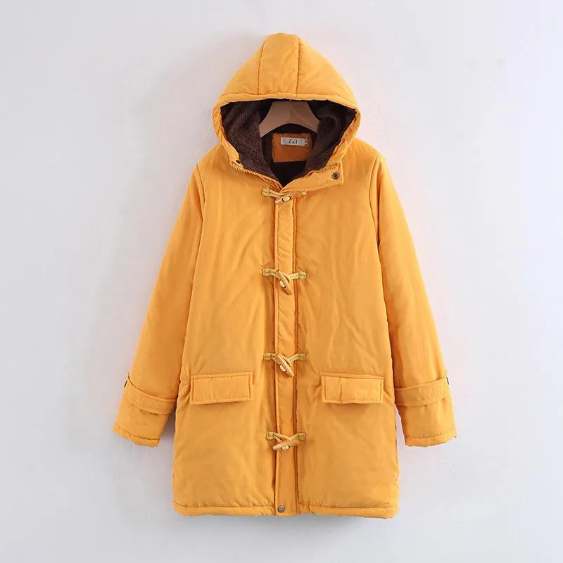 Horn Button Pockets Women Warm Oversized Hooded Coat