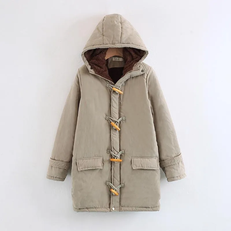Horn Button Pockets Women Warm Oversized Hooded Coat