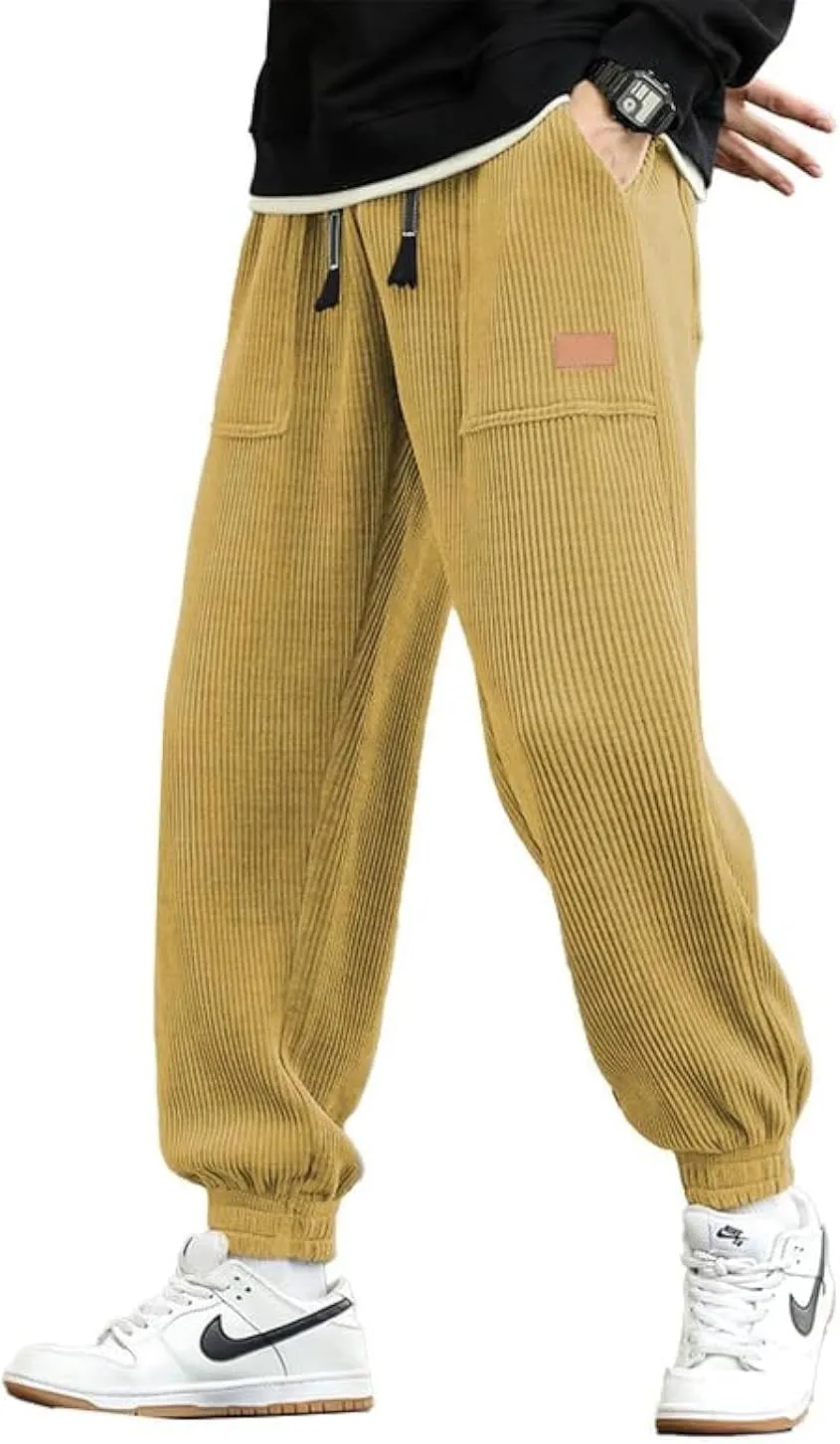 JMIERR Mens Corduroy Joggers Pants Casual Cargo Pants Drawstring Elastic Waist Baggy Tapered Sweatpants with Pockets