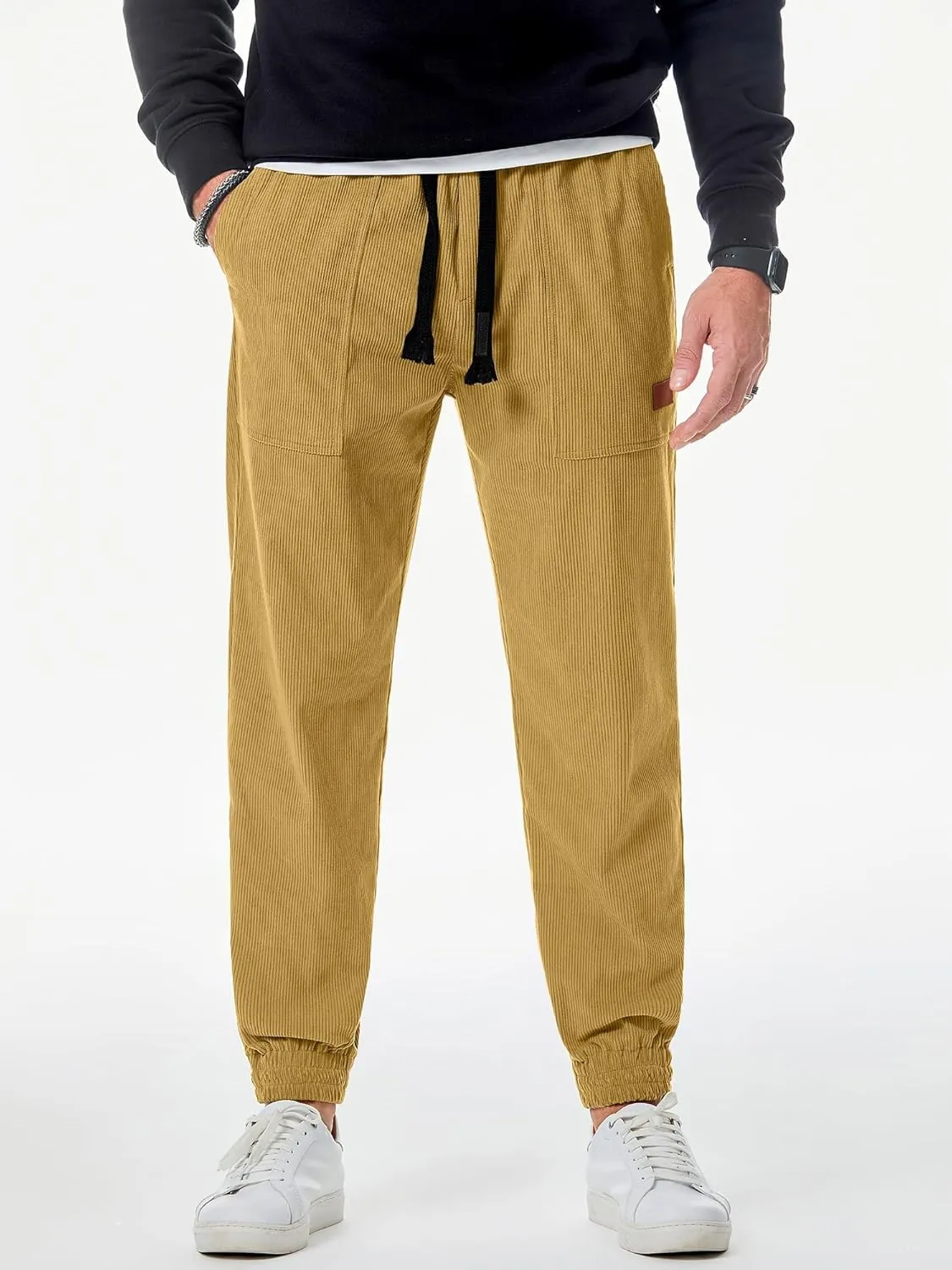 JMIERR Mens Corduroy Joggers Pants Casual Cargo Pants Drawstring Elastic Waist Baggy Tapered Sweatpants with Pockets