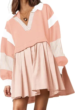 Kedera Women's Oversized Sweatshirt Dress Fall Long Sleeve V Neck Patchwork Pullover Loose Pleated Mini Dresses 2025