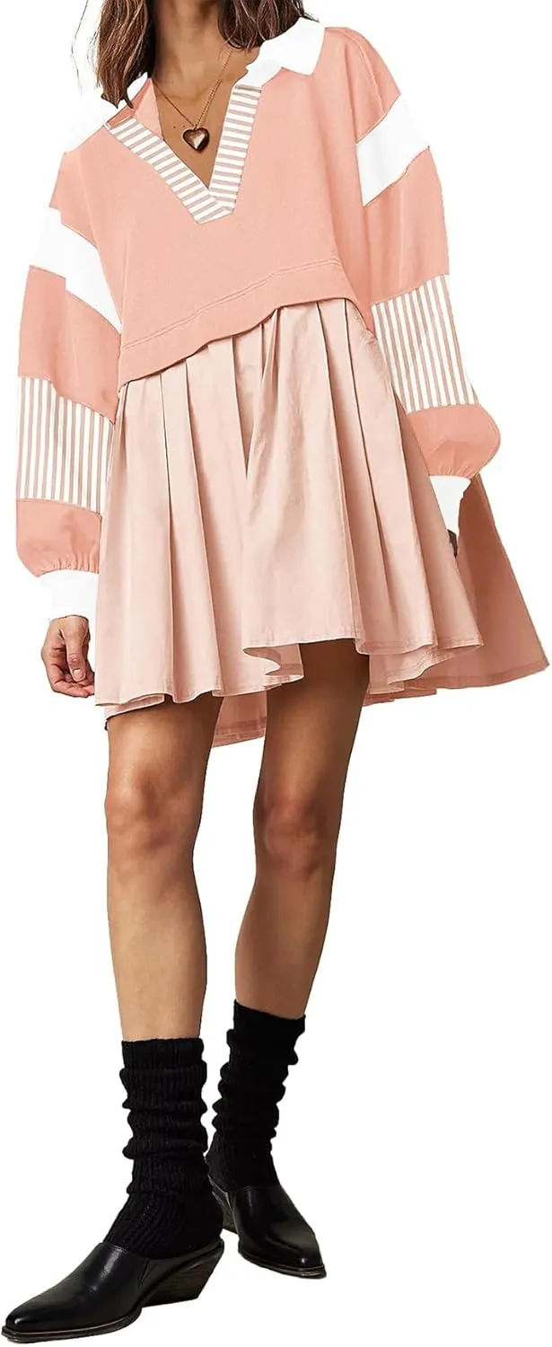 Kedera Women's Oversized Sweatshirt Dress Fall Long Sleeve V Neck Patchwork Pullover Loose Pleated Mini Dresses 2025