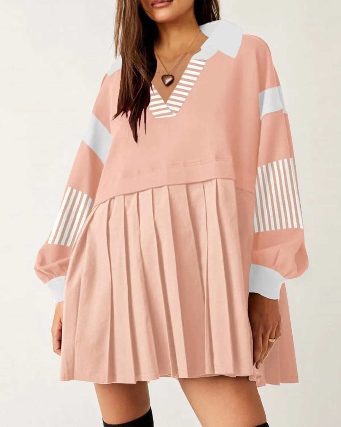 Kedera Women's Oversized Sweatshirt Dress Fall Long Sleeve V Neck Patchwork Pullover Loose Pleated Mini Dresses 2025