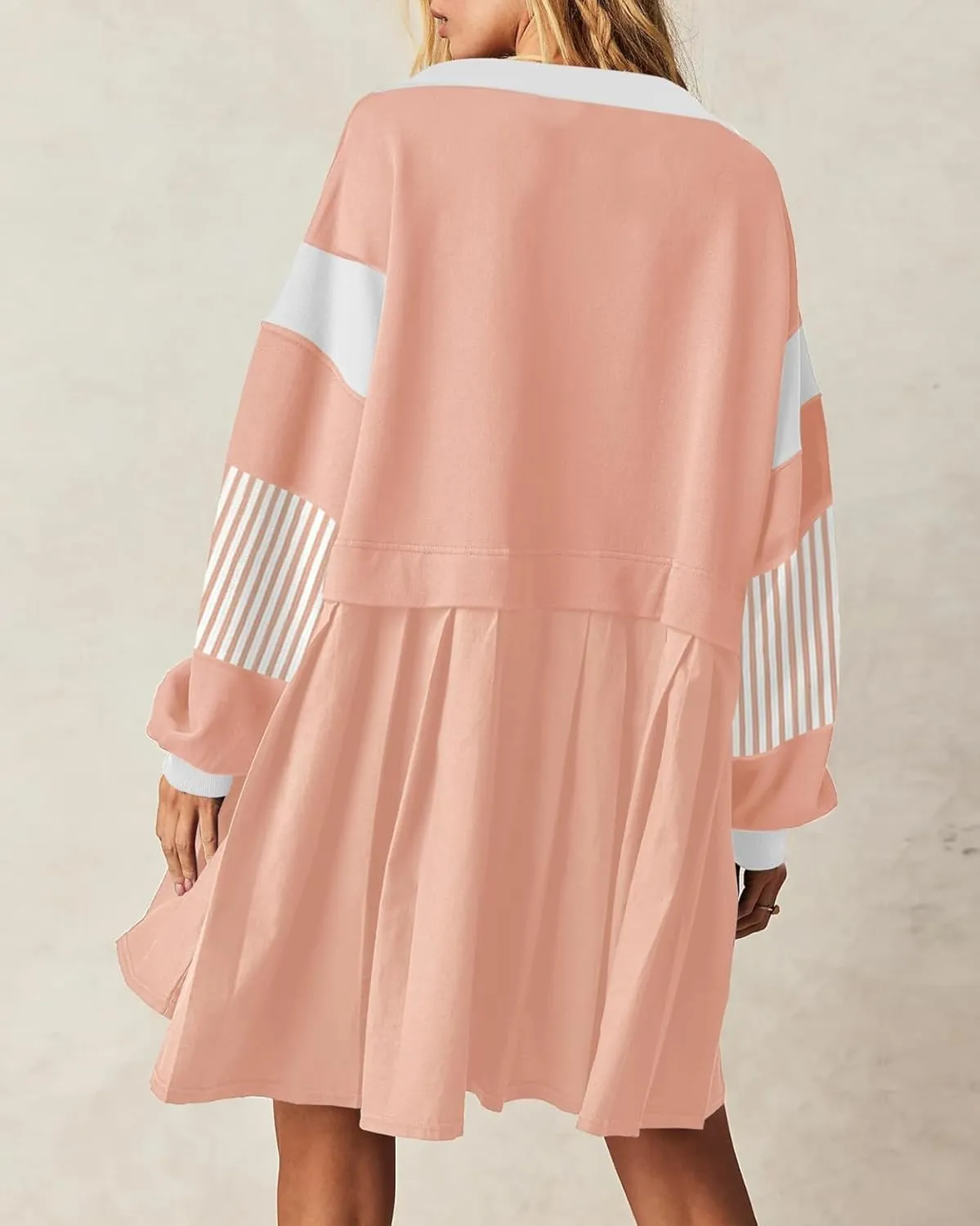 Kedera Women's Oversized Sweatshirt Dress Fall Long Sleeve V Neck Patchwork Pullover Loose Pleated Mini Dresses 2025