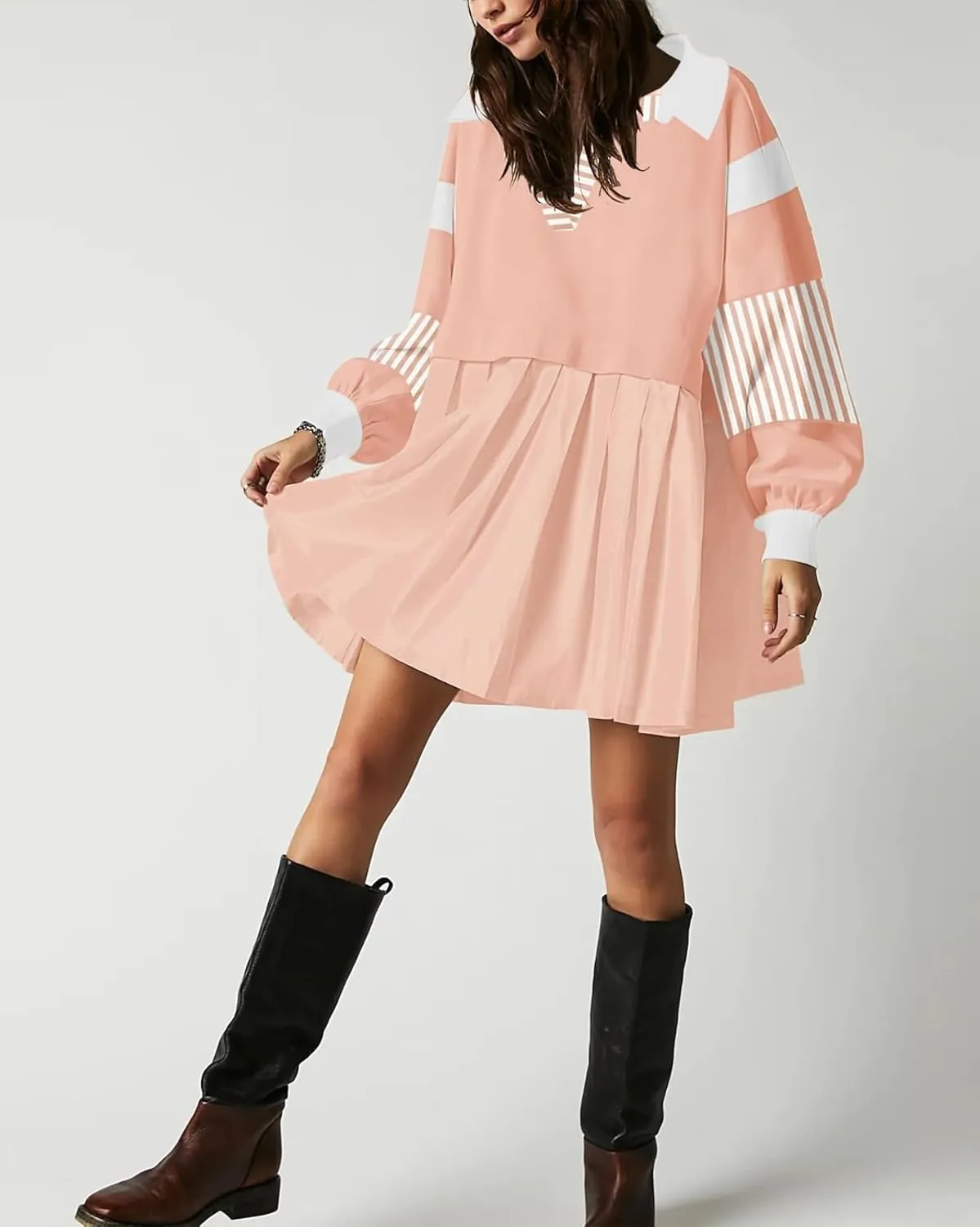 Kedera Women's Oversized Sweatshirt Dress Fall Long Sleeve V Neck Patchwork Pullover Loose Pleated Mini Dresses 2025
