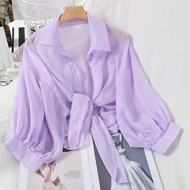 Lantern Sleeve Chiffon Shirts Women Transparent Beach Shawl Shirt Top Tied Waist Elegant Women Blouses Cropped