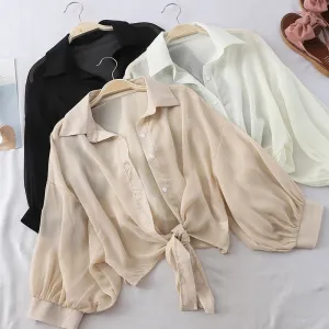 Lantern Sleeve Chiffon Shirts Women Transparent Beach Shawl Shirt Top Tied Waist Elegant Women Blouses Cropped