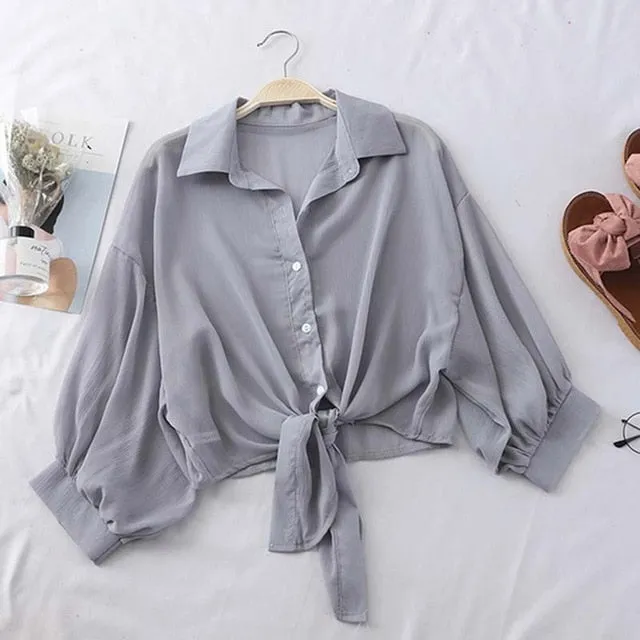 Lantern Sleeve Chiffon Shirts Women Transparent Beach Shawl Shirt Top Tied Waist Elegant Women Blouses Cropped