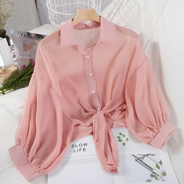 Lantern Sleeve Chiffon Shirts Women Transparent Beach Shawl Shirt Top Tied Waist Elegant Women Blouses Cropped