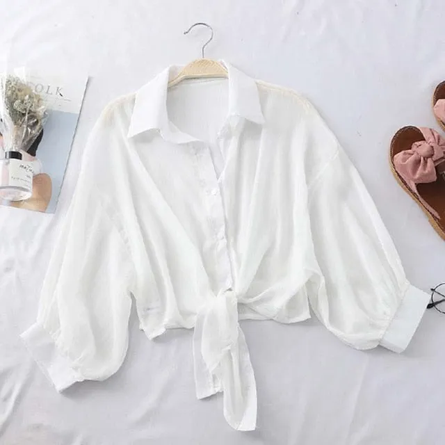 Lantern Sleeve Chiffon Shirts Women Transparent Beach Shawl Shirt Top Tied Waist Elegant Women Blouses Cropped