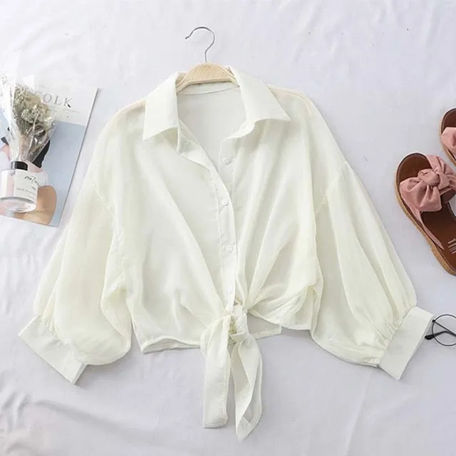 Lantern Sleeve Chiffon Shirts Women Transparent Beach Shawl Shirt Top Tied Waist Elegant Women Blouses Cropped