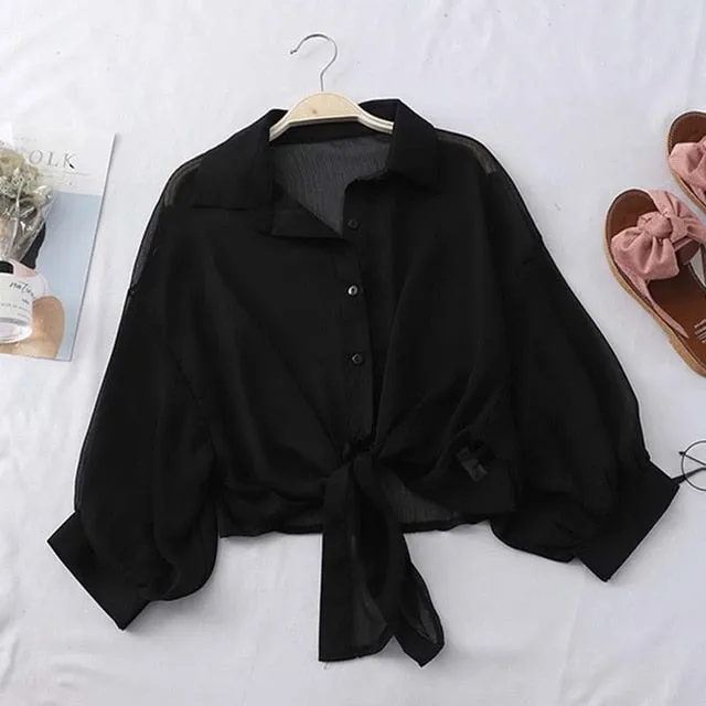 Lantern Sleeve Chiffon Shirts Women Transparent Beach Shawl Shirt Top Tied Waist Elegant Women Blouses Cropped