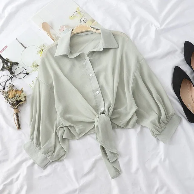 Lantern Sleeve Chiffon Shirts Women Transparent Beach Shawl Shirt Top Tied Waist Elegant Women Blouses Cropped