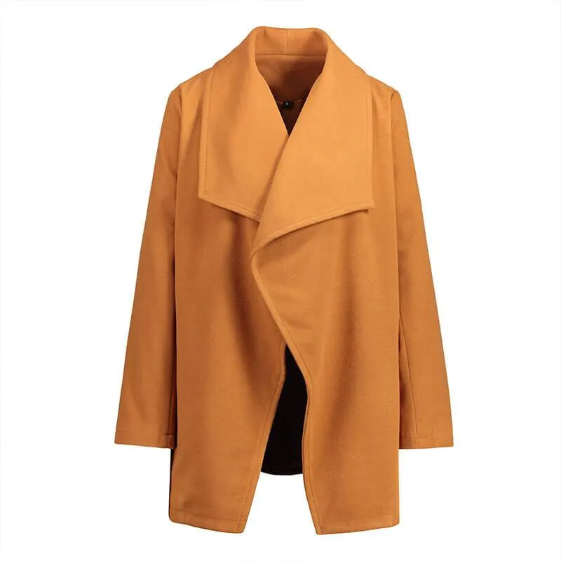 Lapel Open Front Plain Wool Coat