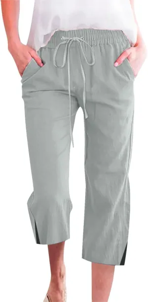 Linen Pants Women Casual Loose High Waist Elastic Drawstring Straight Capri Trousers Solid Summer Beach Pants