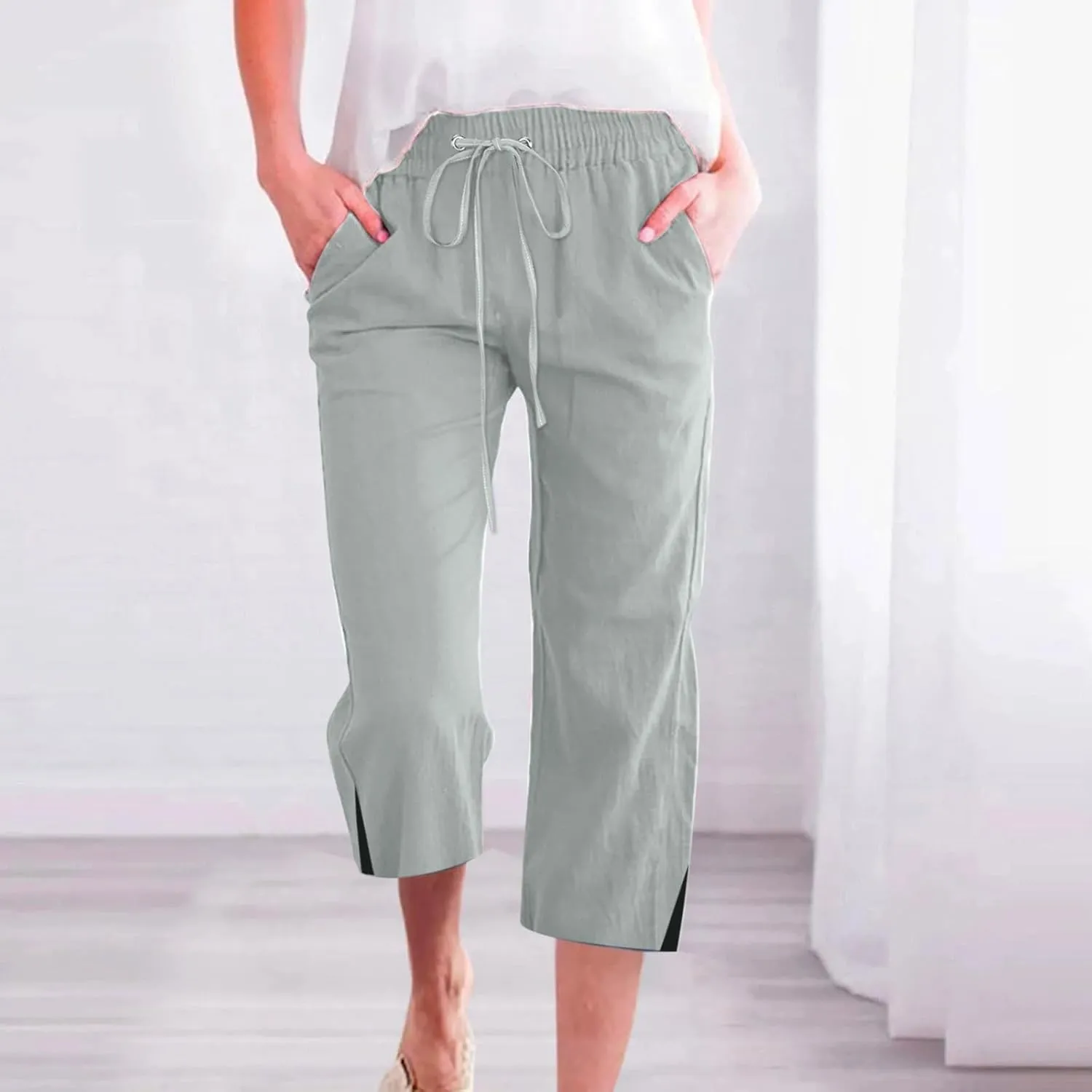 Linen Pants Women Casual Loose High Waist Elastic Drawstring Straight Capri Trousers Solid Summer Beach Pants