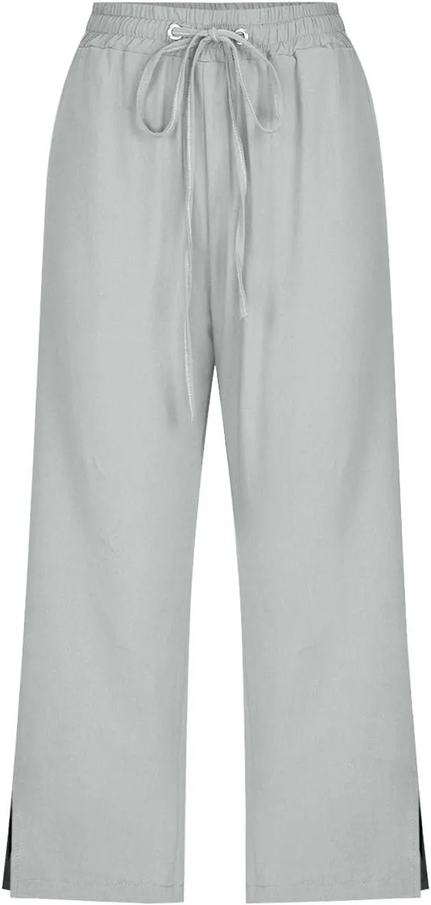 Linen Pants Women Casual Loose High Waist Elastic Drawstring Straight Capri Trousers Solid Summer Beach Pants