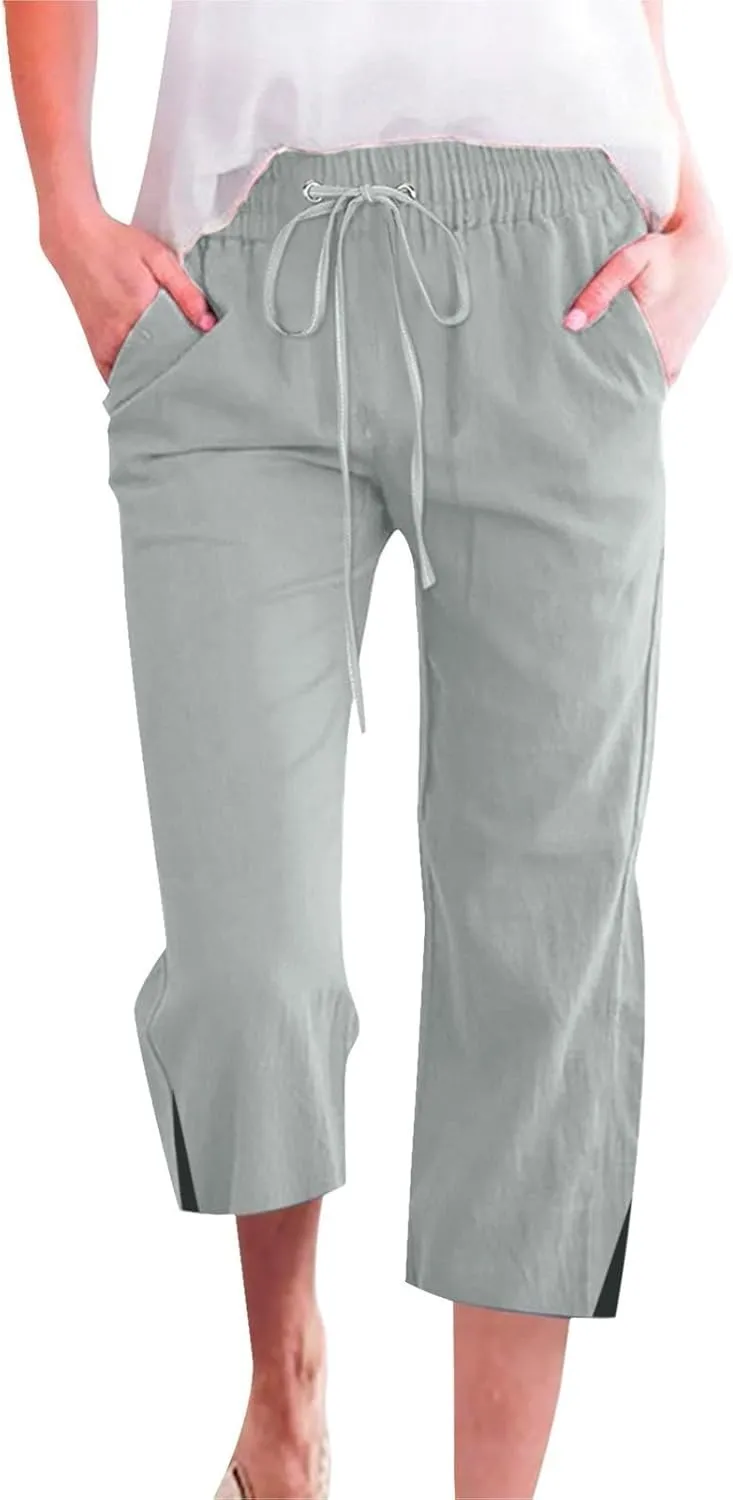 Linen Pants Women Casual Loose High Waist Elastic Drawstring Straight Capri Trousers Solid Summer Beach Pants