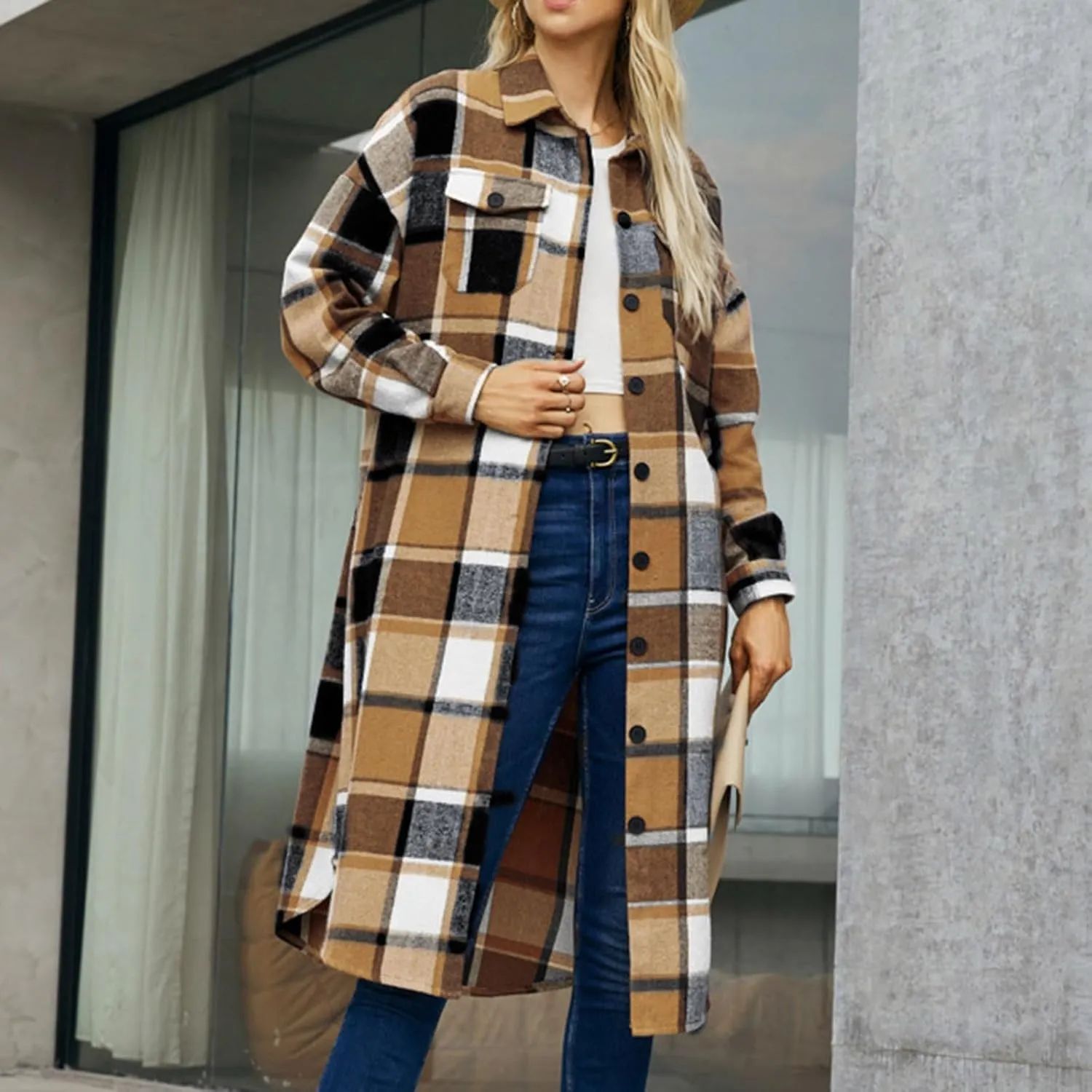 Long Jackets for Women 2024 Plaid Print Button Down Long Sleeve Trench Coat Fall Winter Casual Collared Shacket Jacket