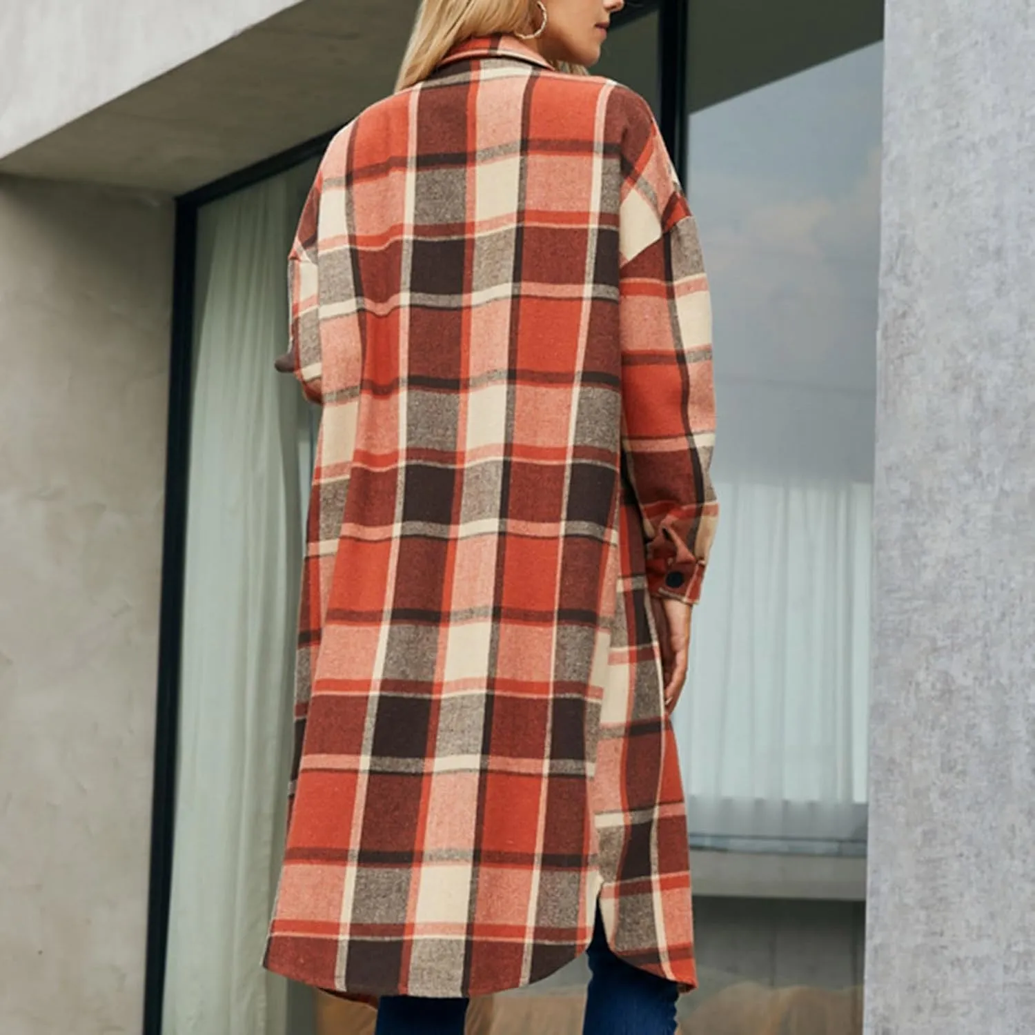 Long Jackets for Women 2024 Plaid Print Button Down Long Sleeve Trench Coat Fall Winter Casual Collared Shacket Jacket